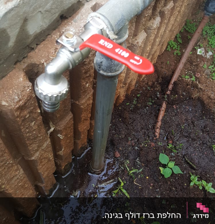 ברז מים עם ידית אדומה ודליפת מים בקרקע